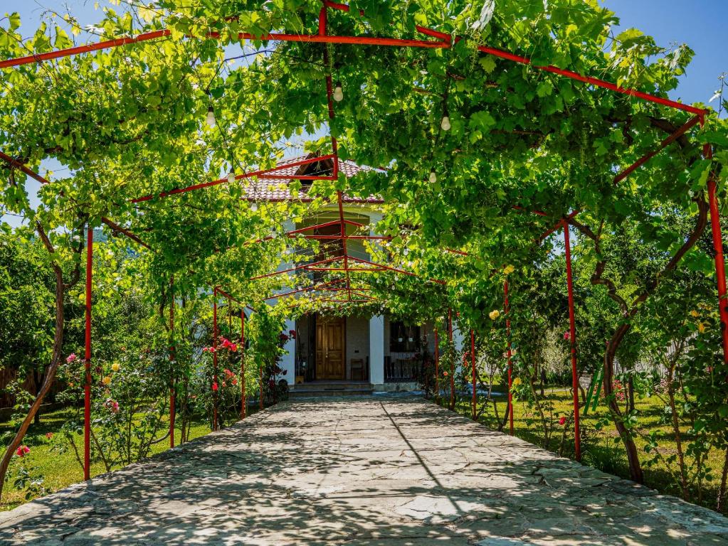 a walkway through a garden with trees and a house at guest hause "villa" in Dushetʼi