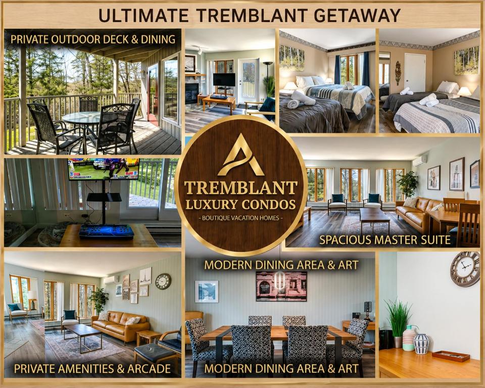 a collage of pictures of a real estate flyer at Tremblant Ski Condo, Arcade Games & Parking in Mont-Tremblant