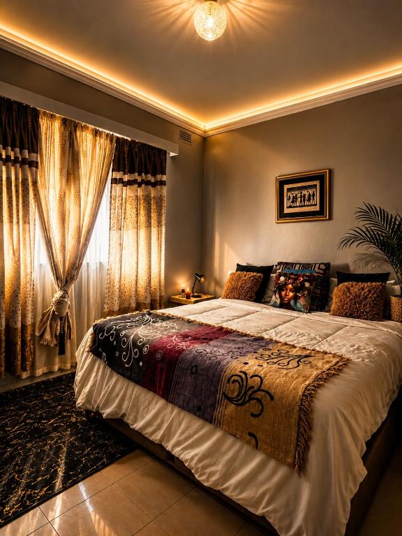 a bedroom with a large bed and a window at Toby's Apartment in Mbabane