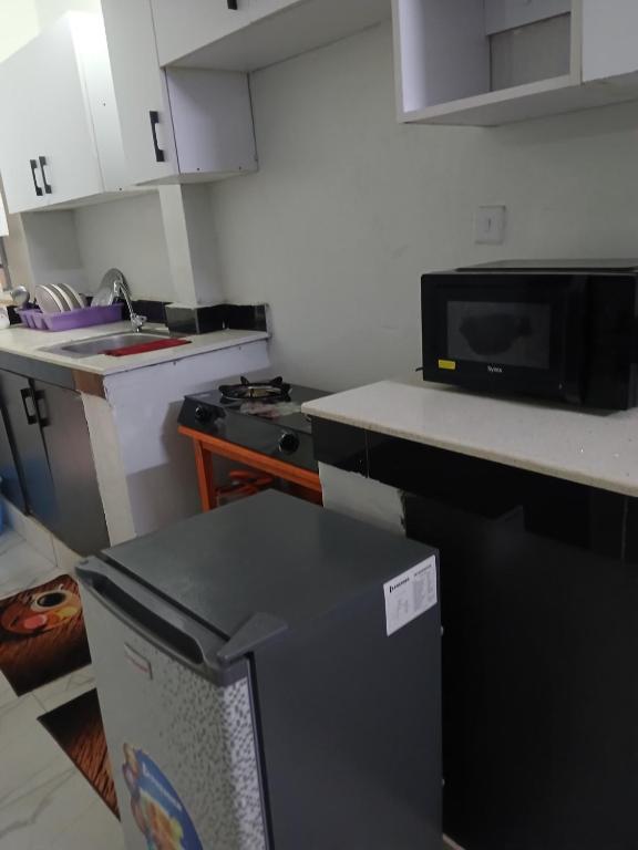 a small kitchen with a microwave and a refrigerator at Carley Studio apartment in Thika