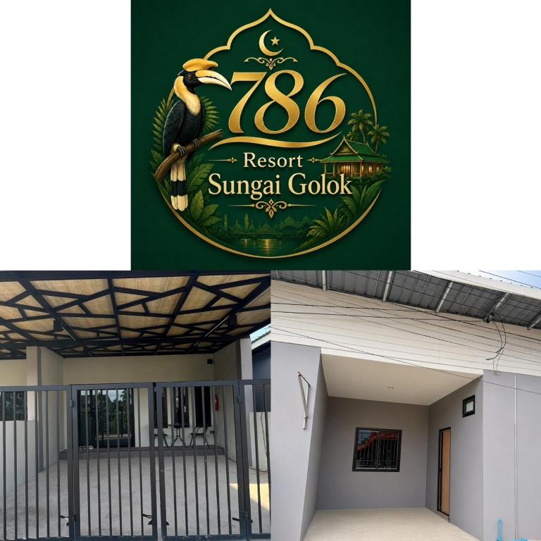 a collage of photos of a building with a resort sunset gold sign at 786ResortSungaiGolok in Kampong Baka