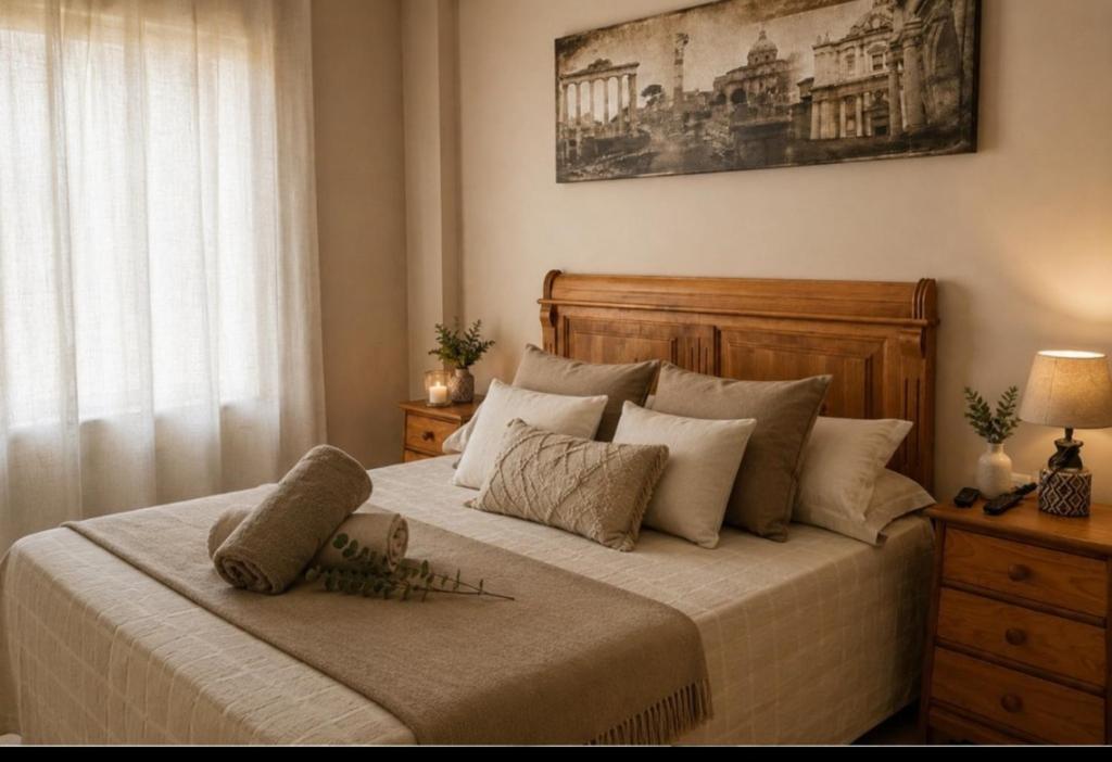 a bedroom with a large bed with pillows on it at Apartamento Turistico San Cristobal in Plasencia