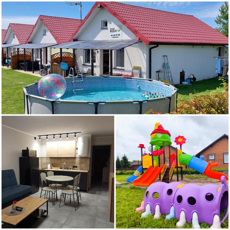 a house with a swimming pool and a house with a backyard at Domki letniskowe Reda in Rusinowo