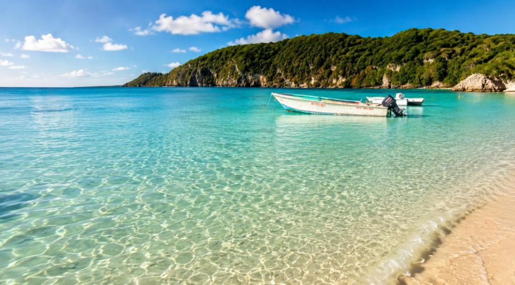 a boat in the water next to a beach at Ti Repos - Appartement 2/4 pers| Petit-Havre | Parking in Mare Gaillard