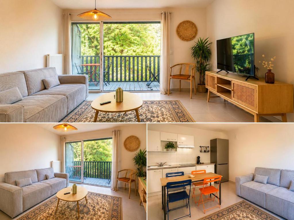 a living room with a couch and a table at Labenne beach apartment in Labenne