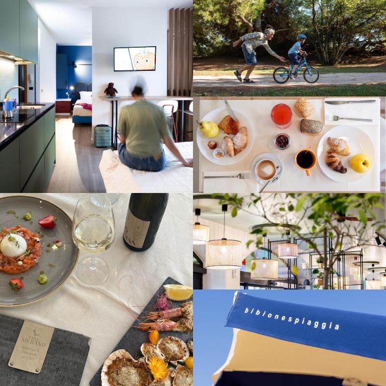 a collage of photos with food and a man on a bike at Casa Merano Residence & Restaurant Bibione Centro in Bibione