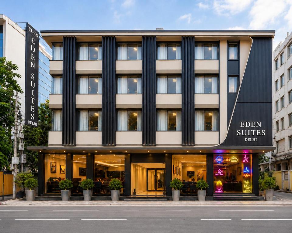 a store front of a building on a city street at Hotel Eden Suites Delhi Airport in New Delhi
