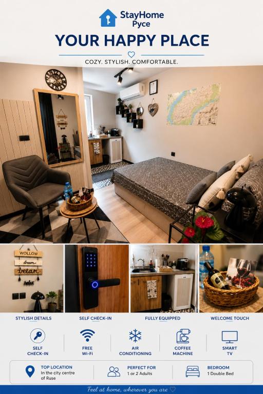 a collage of photos of a living room and a bedroom at Stayhome in Ruse