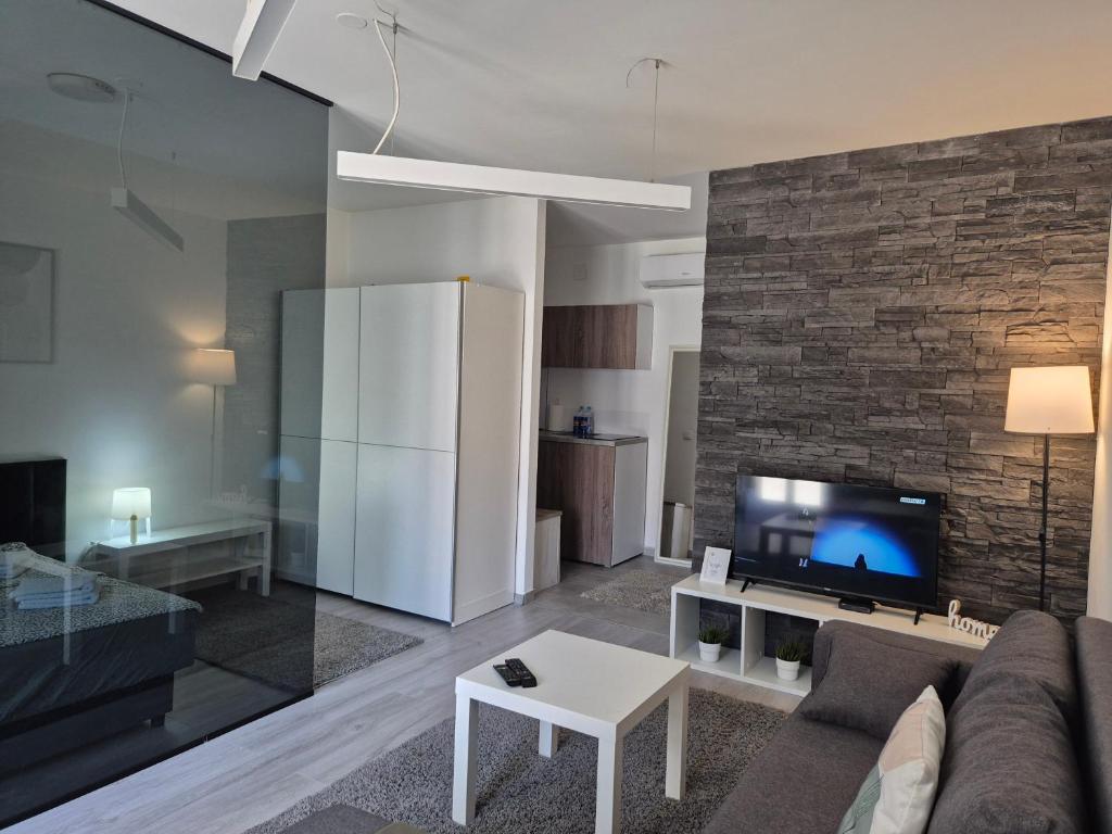 a living room with a couch and a tv at Studio Apartman 47A in Valjevo