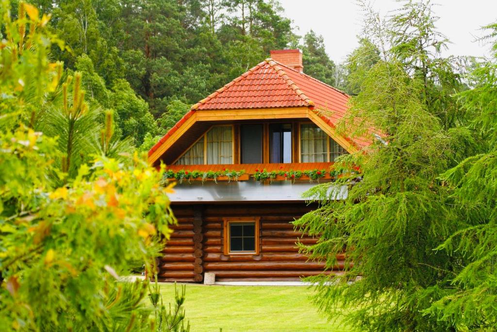 a log cabin with a red roof and some trees at Silmaļi Tērvetē in Tērvete
