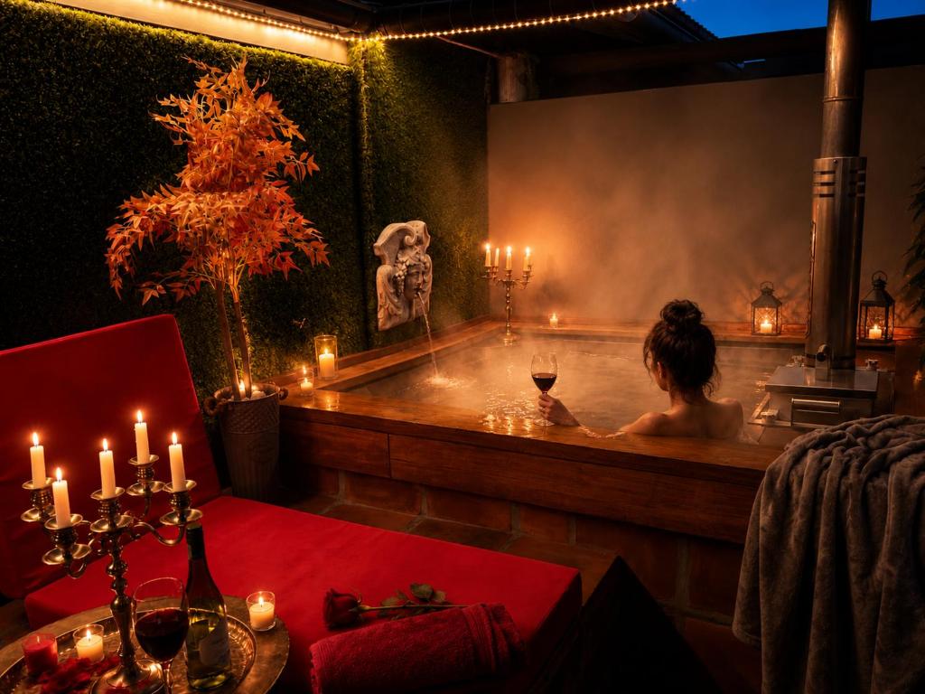 a woman in a bath tub with a glass of wine at Goblin's Creek in St. Helena Bay
