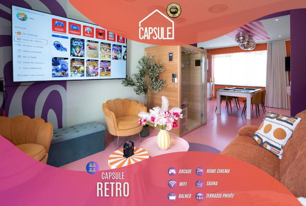 a living room with a large screen in a room at Capsule Retro Balnéo - Sauna - Billard -Switch 2 in Limelette