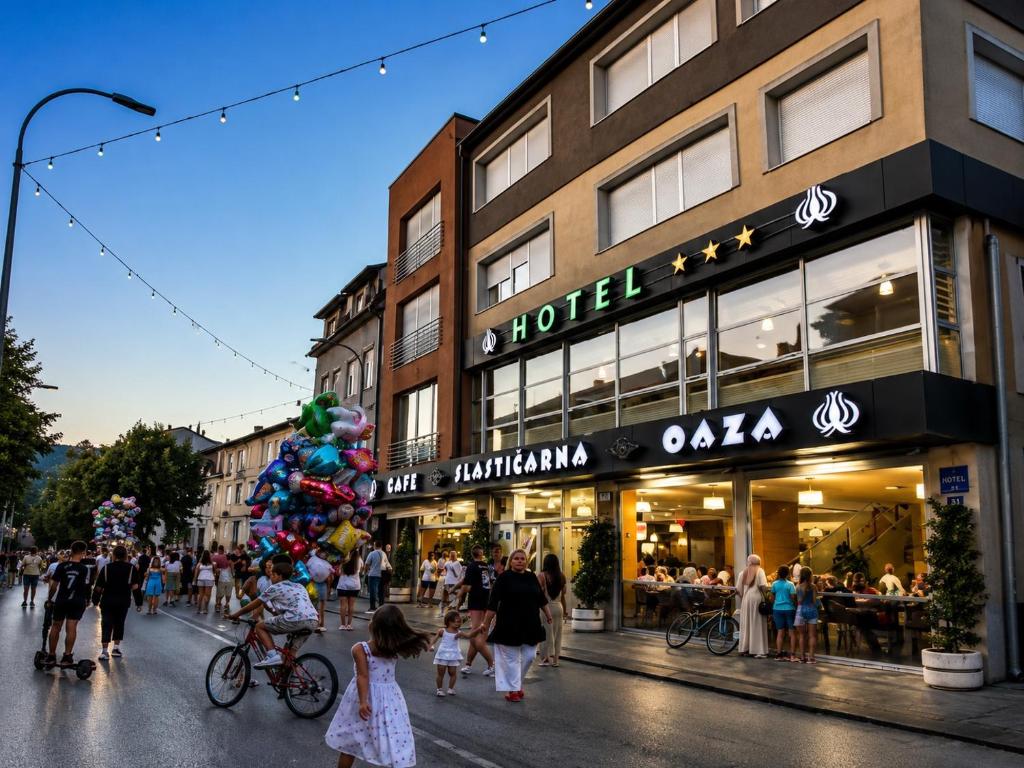 a group of people walking down a street in front of a store at Hotel Oaza in Konjic