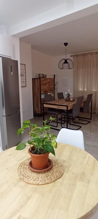 a wooden table with a potted plant on top of it at Casa Conde in Alfarnate