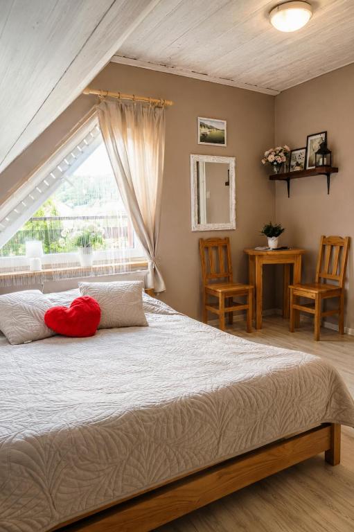 a bedroom with a large bed and a window at Rodzinny zakątek "U Głuszków" Bieszczady in Myczkowce