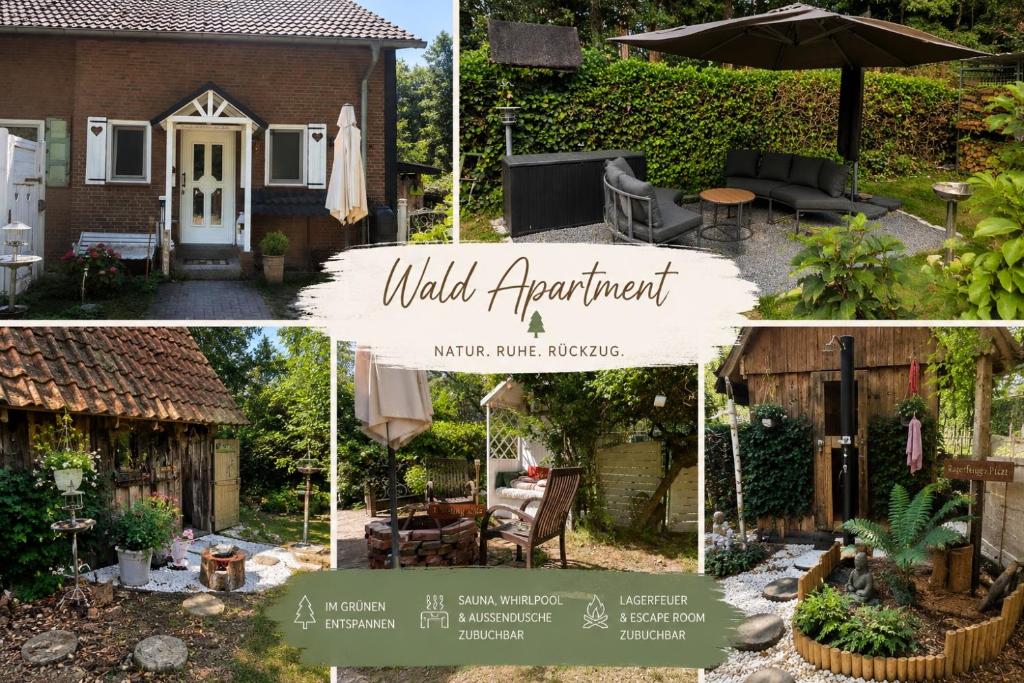 a collage of photos of a house with a yard at Relax Wald Apartment mit optional Buchung Sauna und Whirlpool in Neustadt am Rübenberge