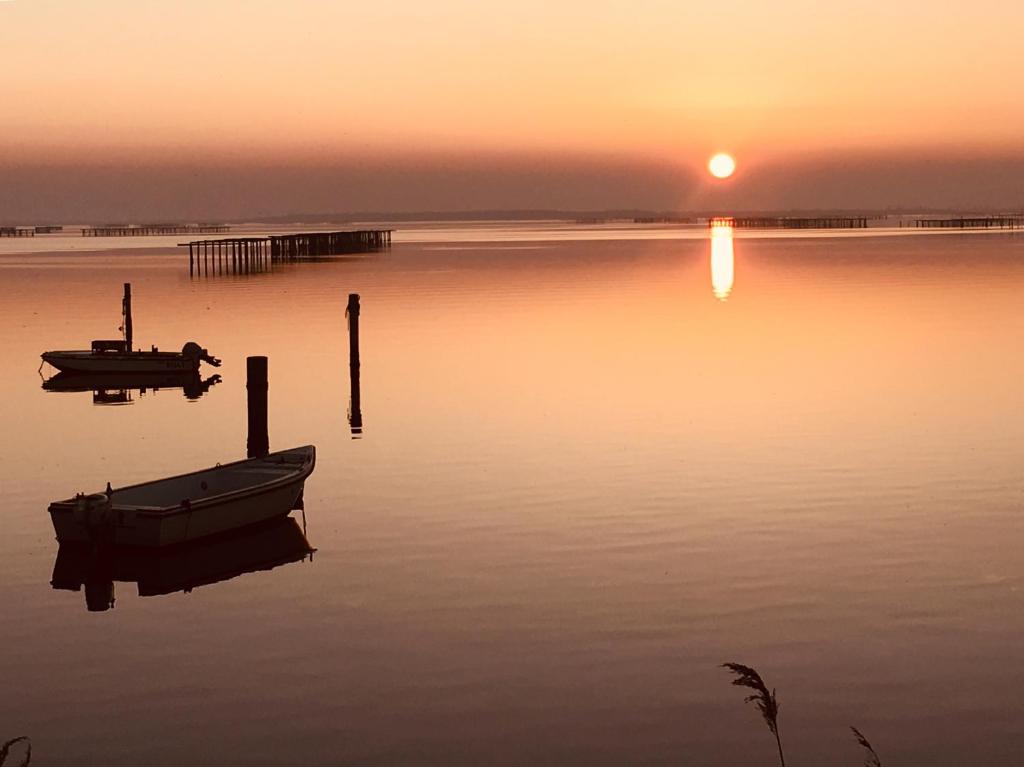 a boat sitting in the water at sunset at La Zia Acida Apartment in Ca Tiepolo