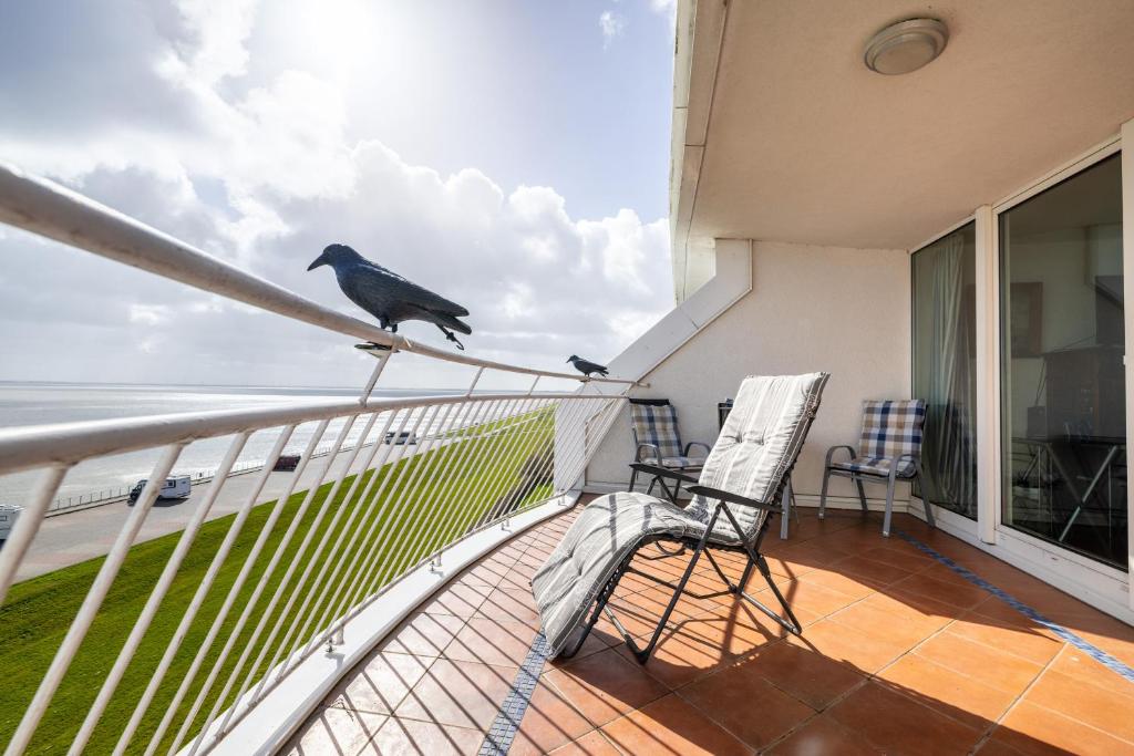 a bird sitting on the railing of a balcony at Exklusive Ferienwohnung am Südstrand mit Panoramabalkon & Meerblick Wohnung 92 in Wilhelmshaven