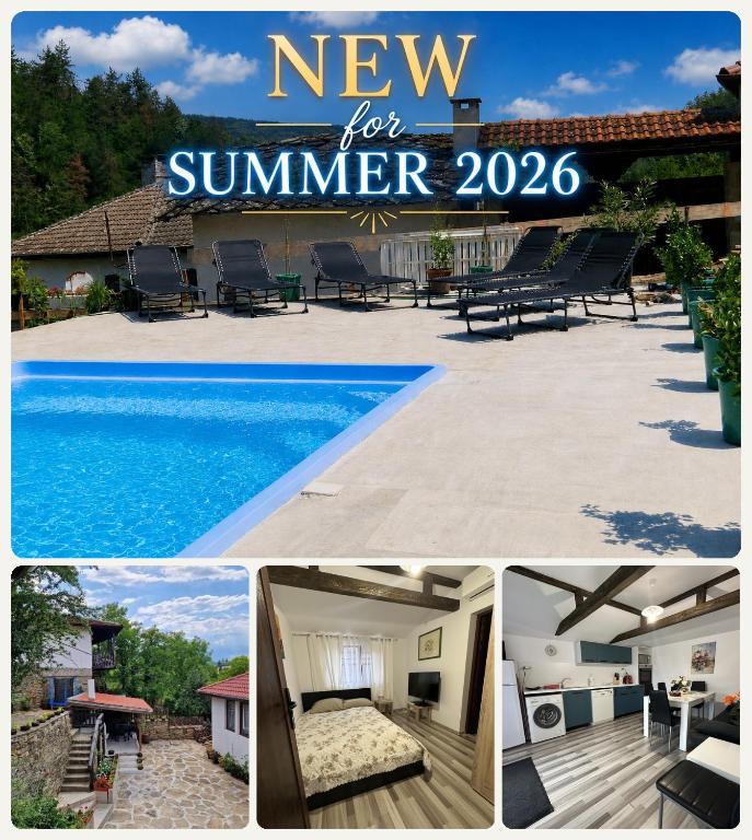a collage of pictures of a new home and a swimming pool at Къщи за гости "Зелената долина" in Dŭlbok Dol
