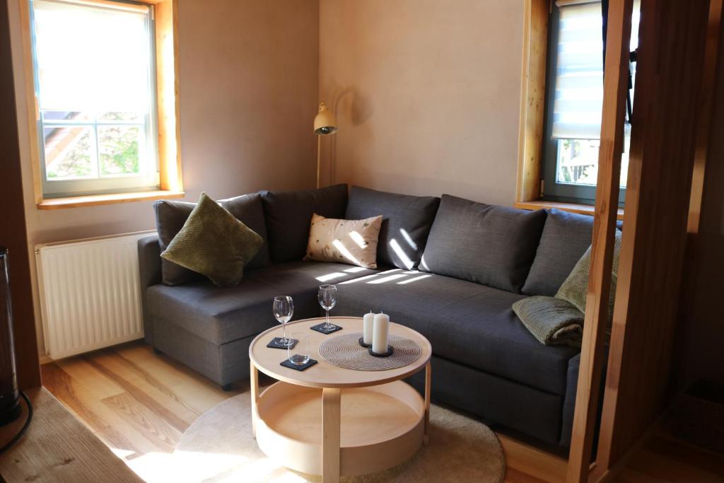 a living room with a couch and a table at Ferienwohnung Am Tharandter Wald 2 in Wilsdruff