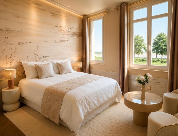 a bedroom with a large white bed and two windows at Appartement Collection Sea View in Saint-Valéry-sur-Somme
