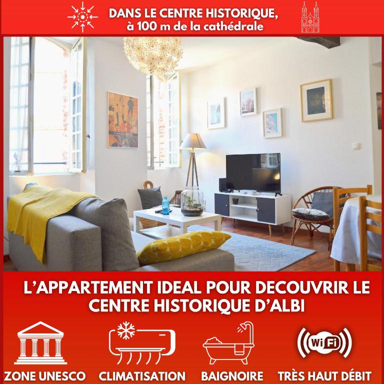 a flyer for a department rental rental tour of a living room at Le Chaud Vin - Centre historique Albi - Zone Unesco - Animaux acceptés in Albi