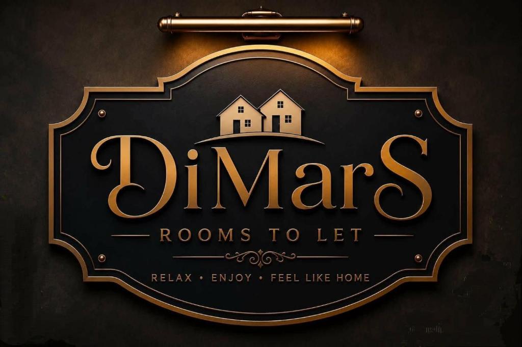 a black and gold sign for a rooms to let at DiMarS in Megara