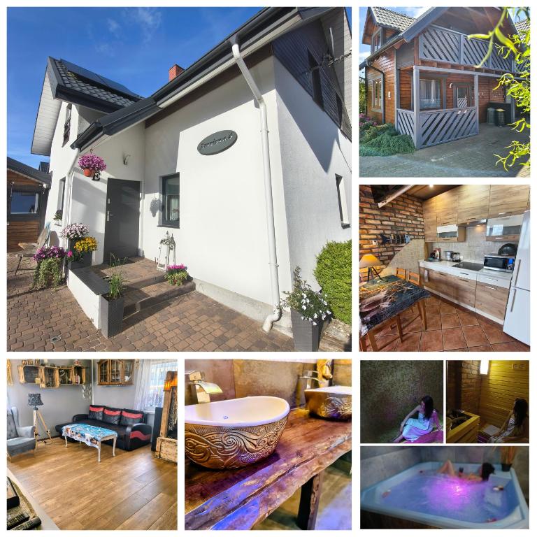 a collage of photos of a house with a bath tub at Domki Gama-Spa in Władysławowo