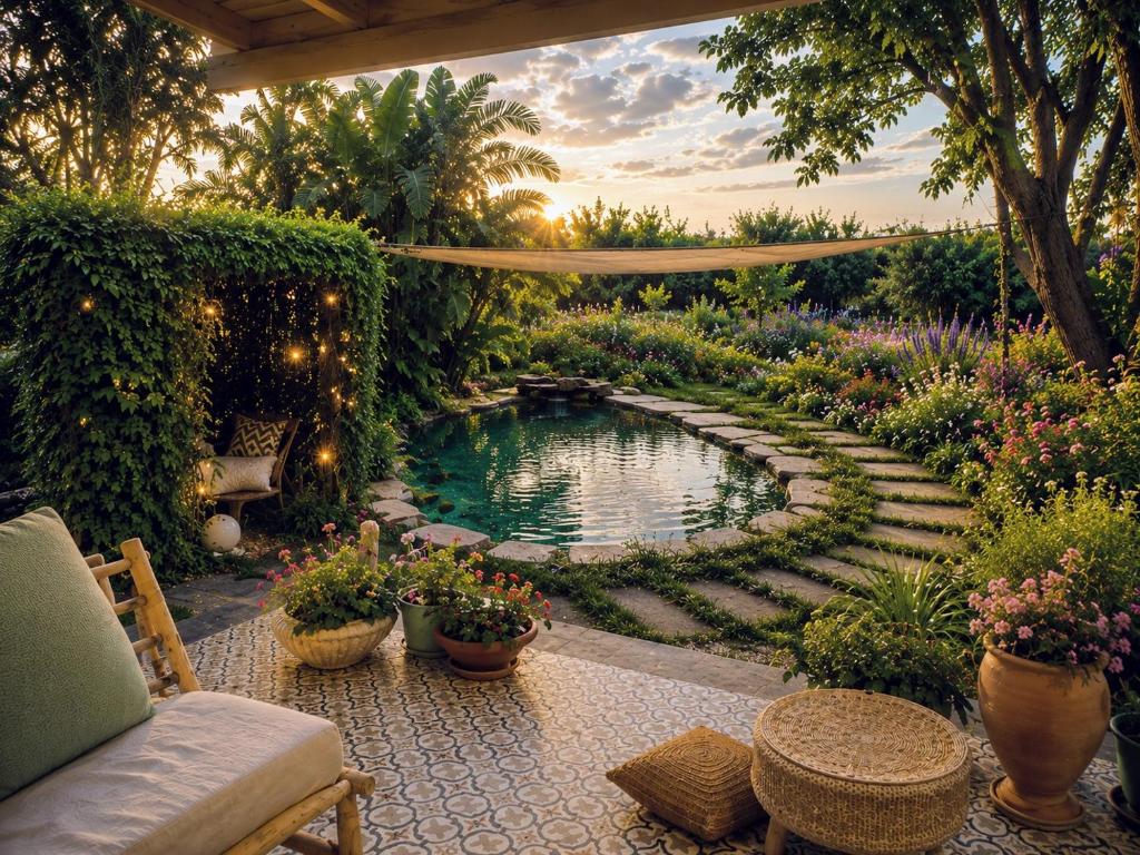 a pool in a garden with plants and flowers at Home for Air -- 9 minutes from sea of Galilee in Giv'at Yo'av