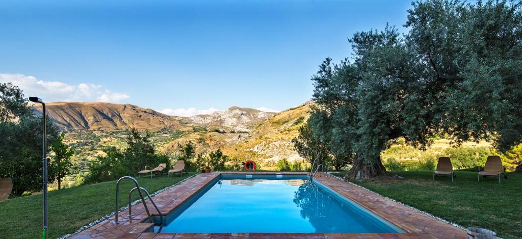 a swimming pool with a tree and mountains in the background at La Almunia del Valle in Monachil