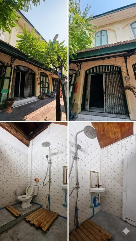 three pictures of a bathroom with a toilet and a building at Thai Traditional Home in Bangkok