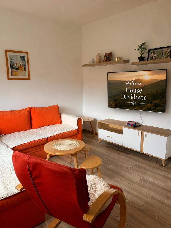 a living room with a couch and a table at Davidovic House in Amzići
