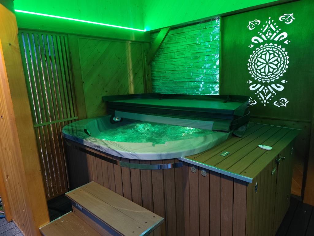 a hot tub in a room with a green lighting at Pokoje Krystyna I Andrzej Łukaszczyk z WIDOKIEM NA GÓRY i Jacuzzi in Małe Ciche