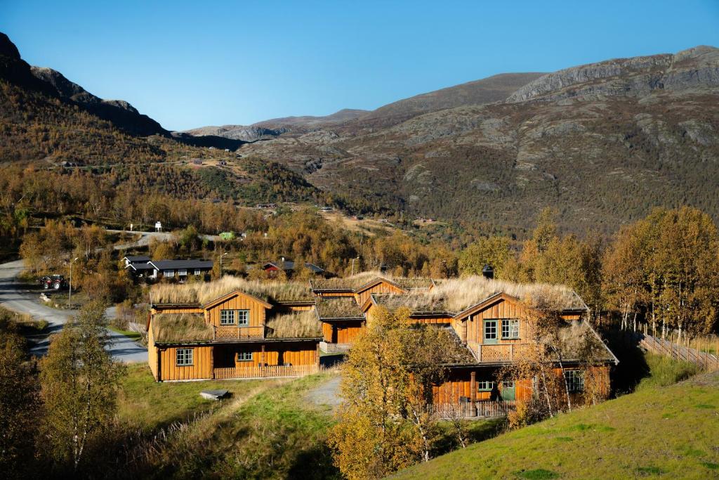a group of houses with thatched roofs in the mountains at Filefjellstuene hytter og leiligheter in Tyinkrysset