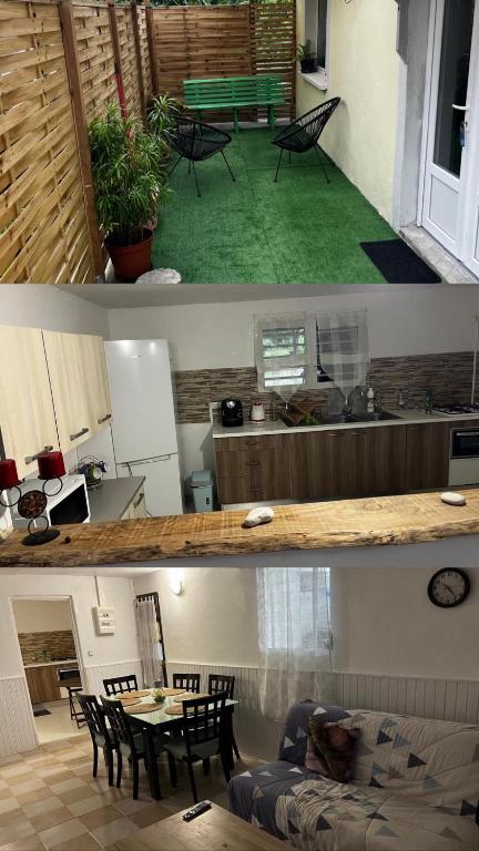 two pictures of a living room and a dining room at Aux bambous in Rivière-Salée