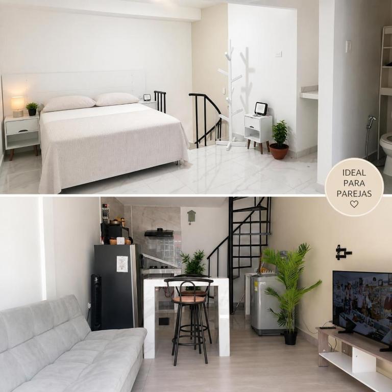 a bedroom and a living room with a bed and a table at SandritaHouse in Tuluá