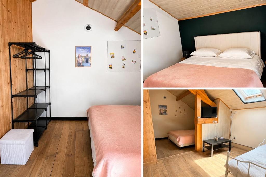 a room with two beds and a bunk bed with a ladder at Les gîtes du Chemin Le Compostelle in Paray-le-Monial