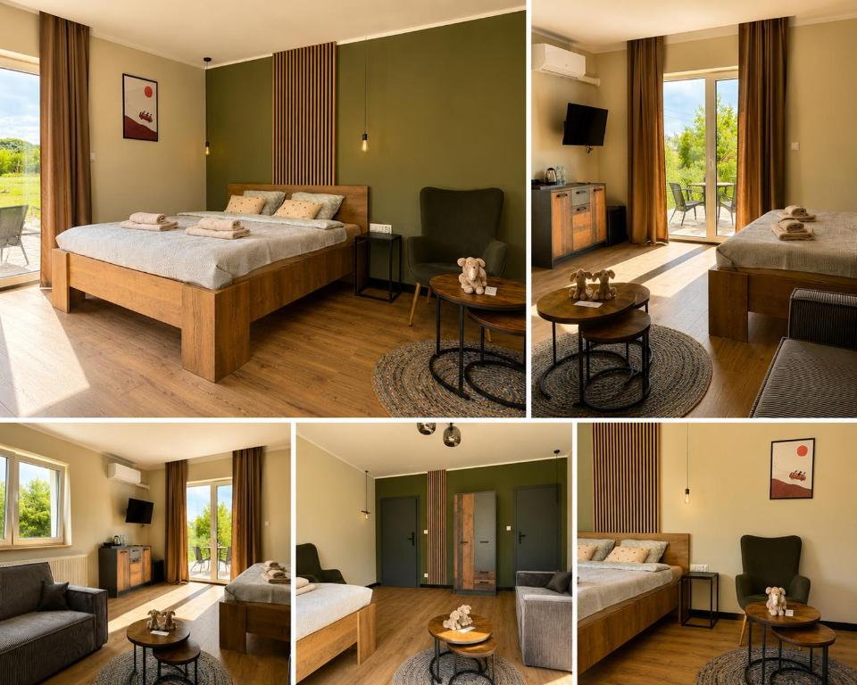 a collage of four pictures of a bedroom at Pełnia Mazur in Pasym