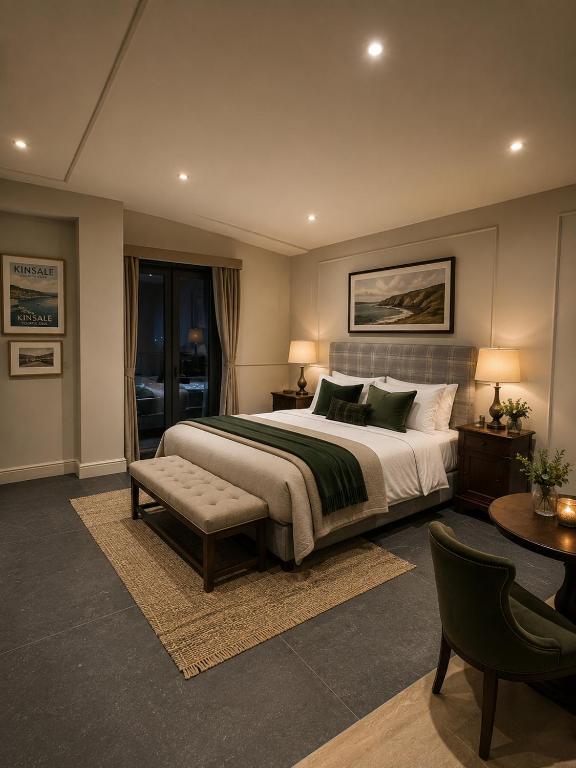 a bedroom with a large bed and a table at Kinsale Suites in Nettuno
