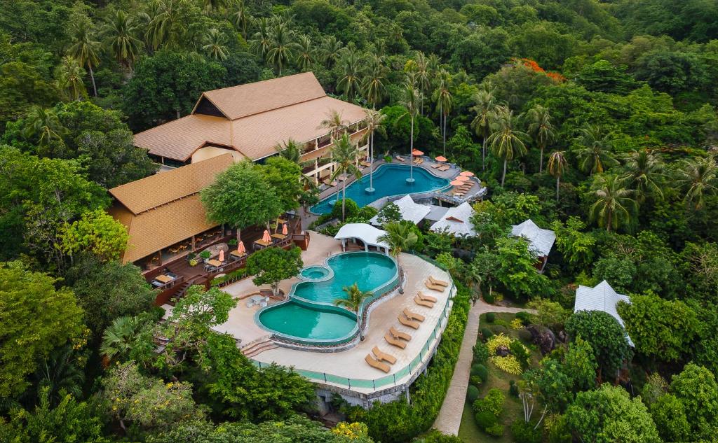 an overhead view of a resort with a swimming pool at Tanote Villa resort, Koh-Tao in Ko Tao