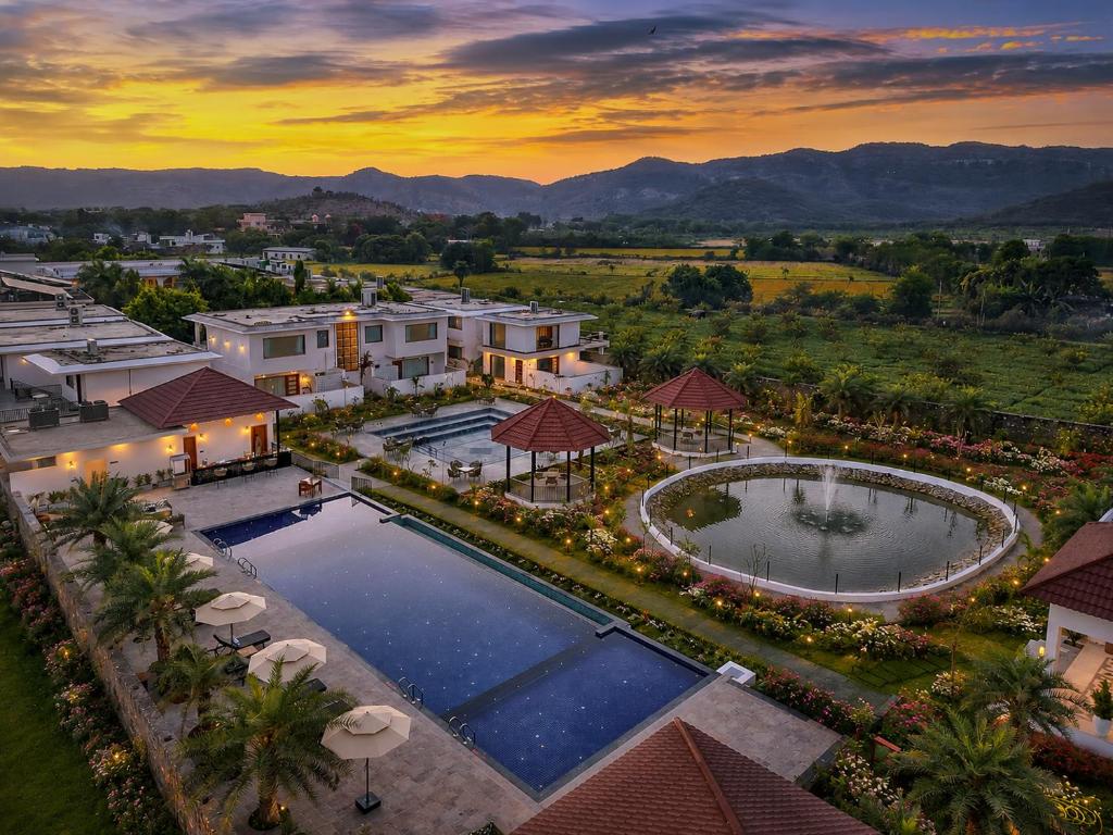an aerial view of a resort with a pool at Ranthambore Bagh Palace in Sawāi Mādhopur