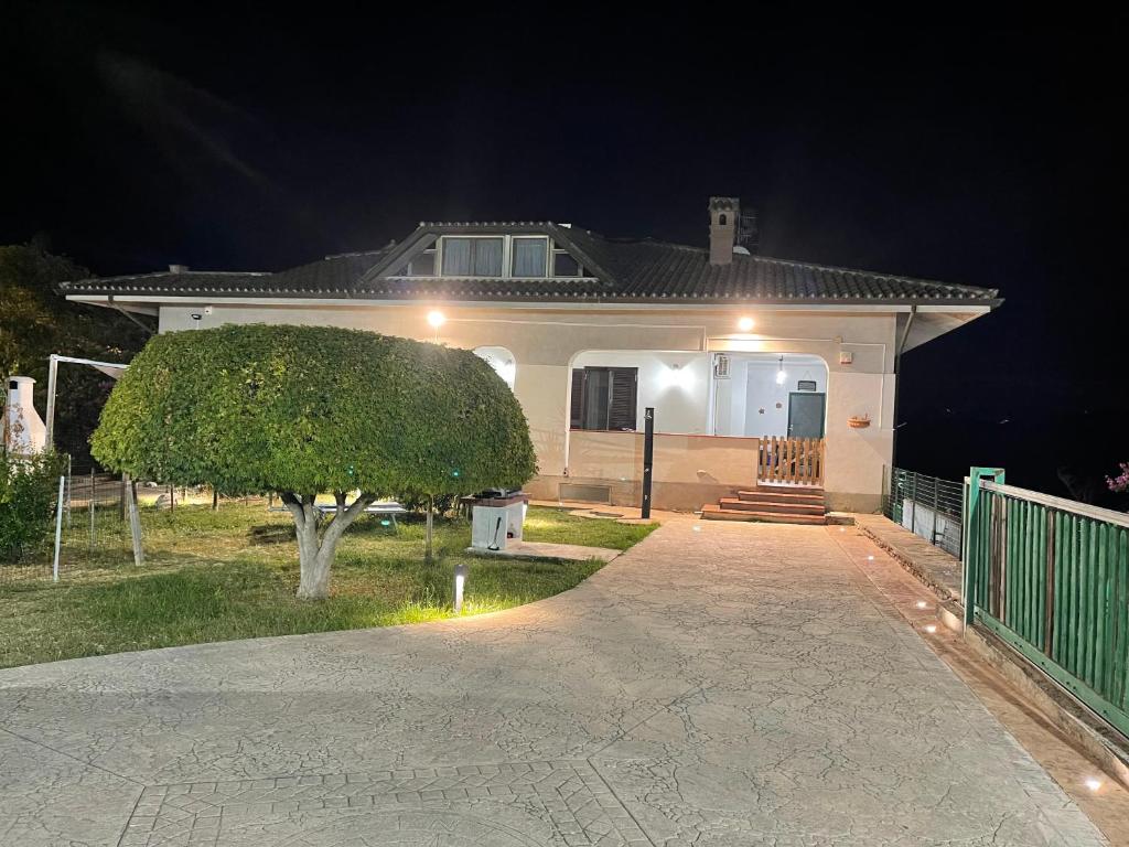 a house with a tree in front of it at night at Villa Lidia & Attico degli artisti, free pets , giardino recintato e attrezzato in Minturno