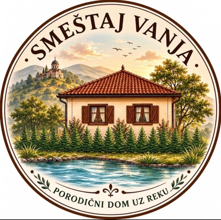 a badge of a house with a river and mountains at Smestaj Vanja in Arilje