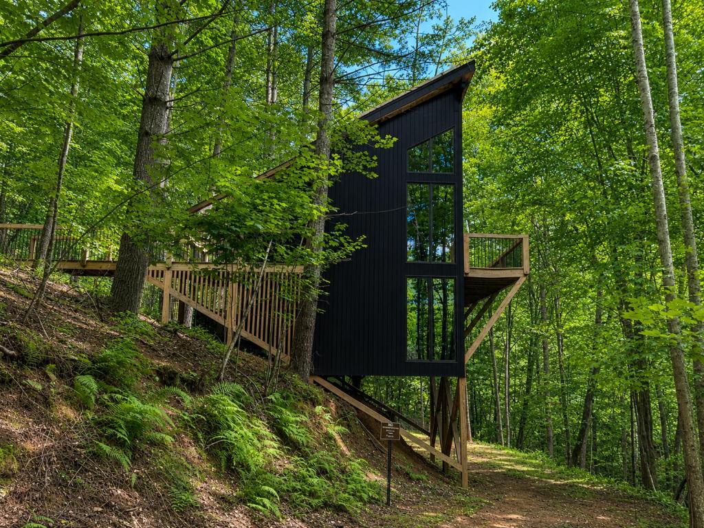 a tree house in the middle of the woods at Treeangle Treehouse in Morganton