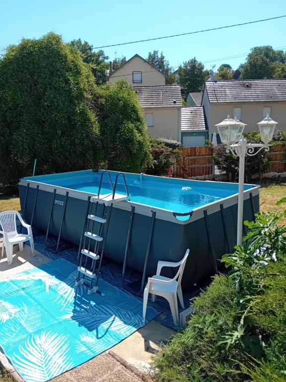 a pool in a yard with a ladder next to a swimming pool at La petite histoire in Brive-la-Gaillarde