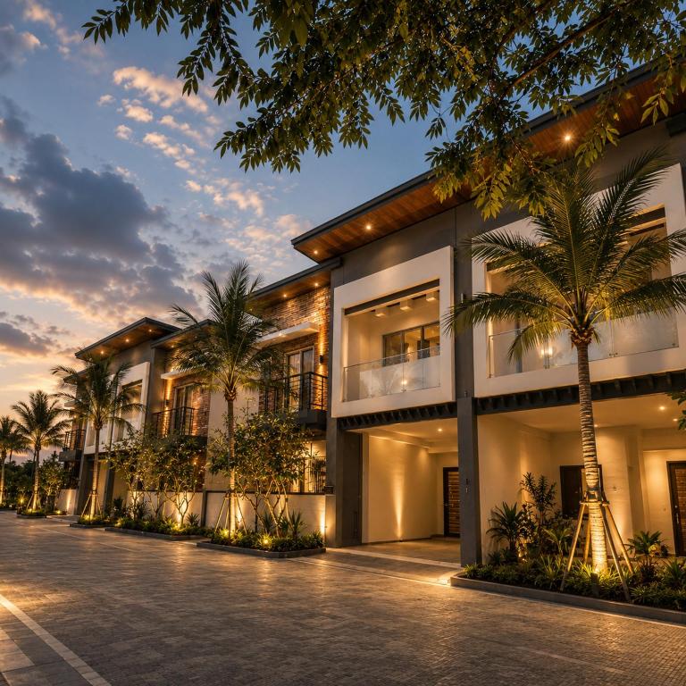 a building with palm trees in front of it at 52stone scent poolvilla - A in Angeles