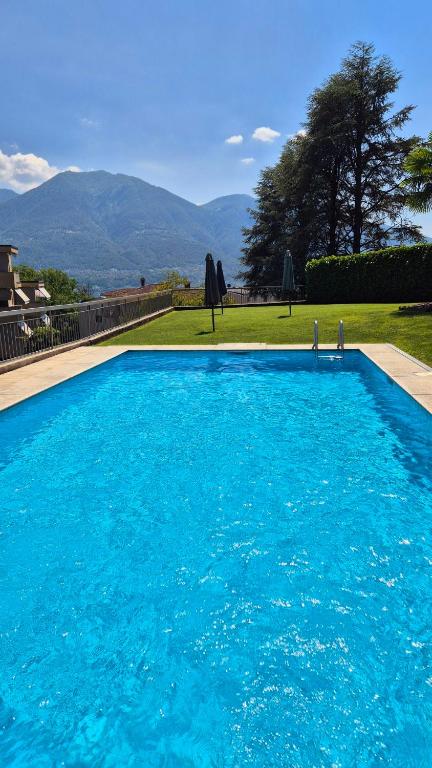 a large blue swimming pool with mountains in the background at Wohnung nr 103 in Muralto