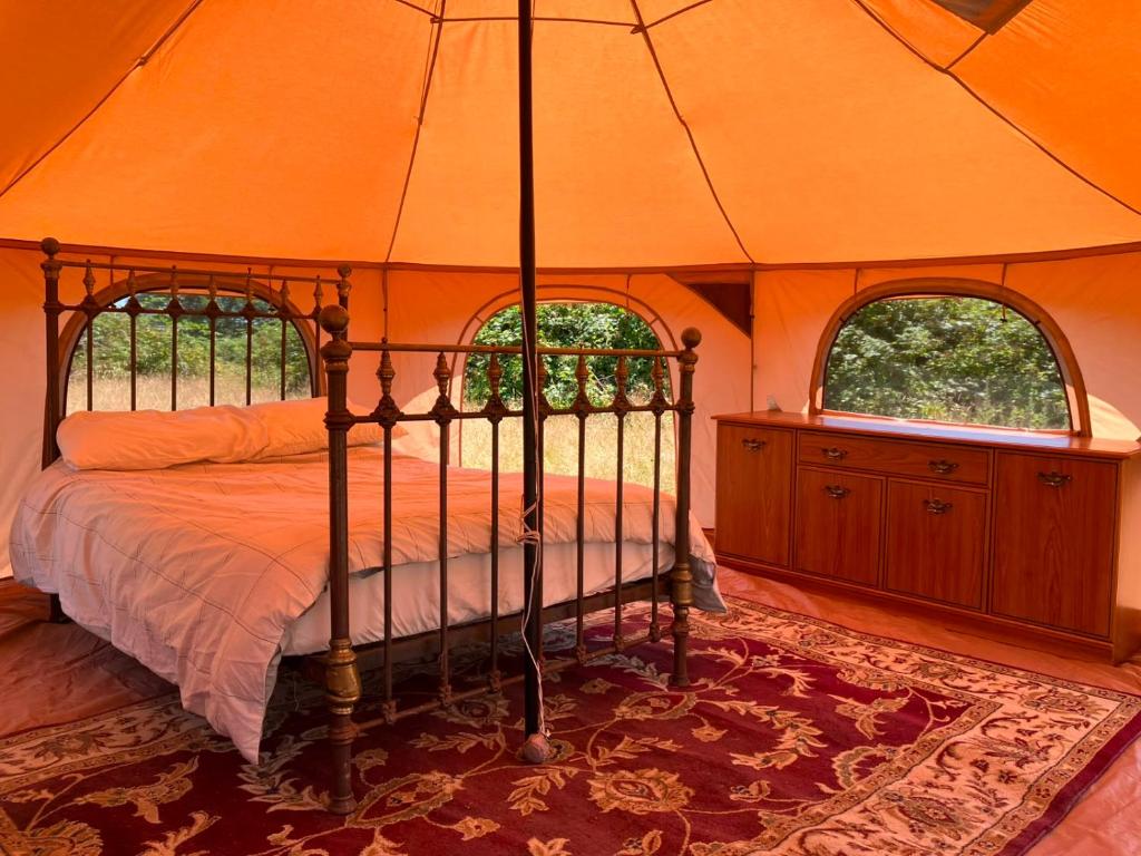 a canopy bed in a room with two windows at Sunset view in Hereford