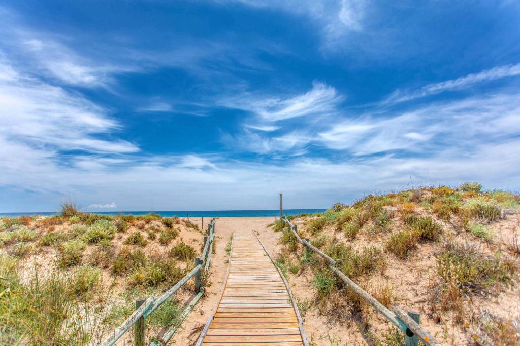 a wooden path to the beach with a blue sky at Camping Clarà in Torredembarra