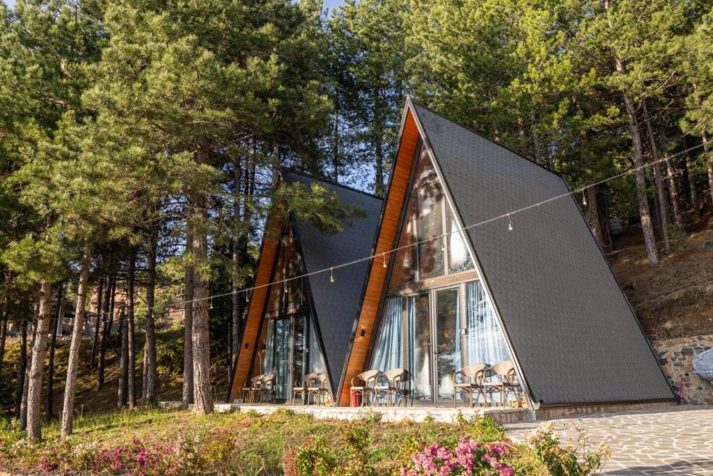 a house in a forest with a black roof at Golden Cabins Gjinar by PikHost in Elbasan